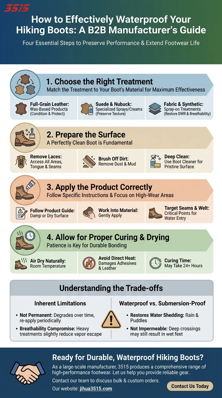 Quelles sont les principales étapes pour imperméabiliser les chaussures de randonnée ? Un guide en 4 étapes pour des pieds secs et une durabilité accrue Guide Visuel