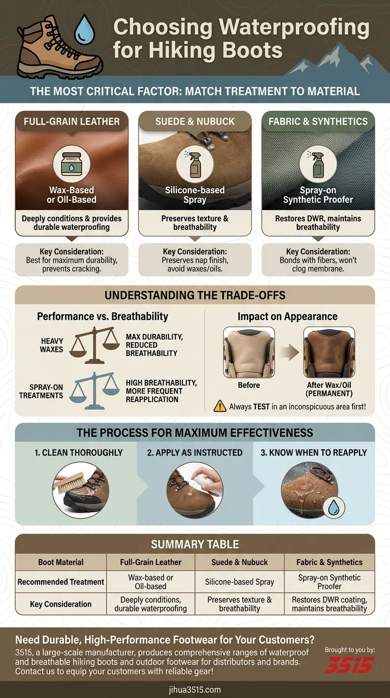 Que faut-il considérer lors du choix d'un traitement imperméabilisant pour chaussures de randonnée ? Adaptez le traitement au matériau de vos chaussures pour une protection maximale. Guide Visuel