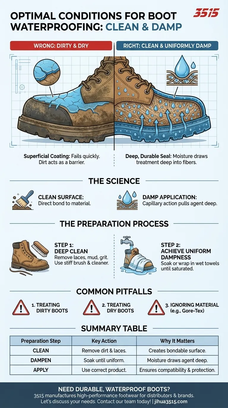 Quelle est la meilleure condition pour les bottes avant d'appliquer un traitement imperméabilisant ? Propres et humides est le secret. Guide Visuel