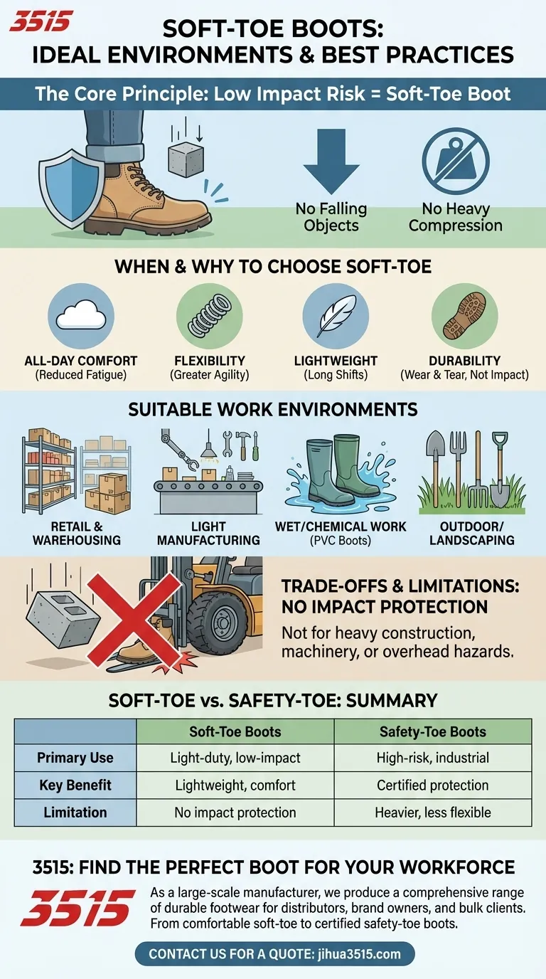 Dans quels environnements de travail les bottes à embout souple sont-elles les plus adaptées ? Privilégier le confort et l'agilité pour les travaux légers Guide Visuel