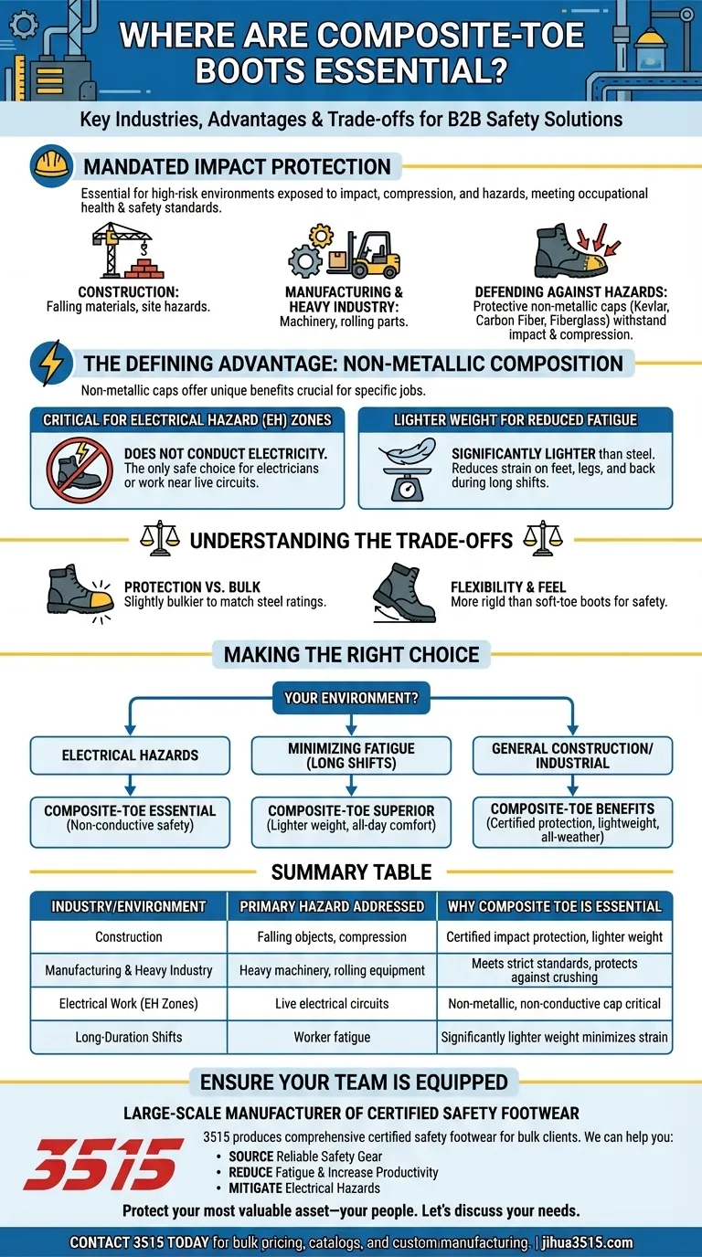 Où les bottes à embout composite sont-elles considérées comme essentielles ? Pour les zones de travail à haut risque nécessitant une sécurité certifiée Guide Visuel