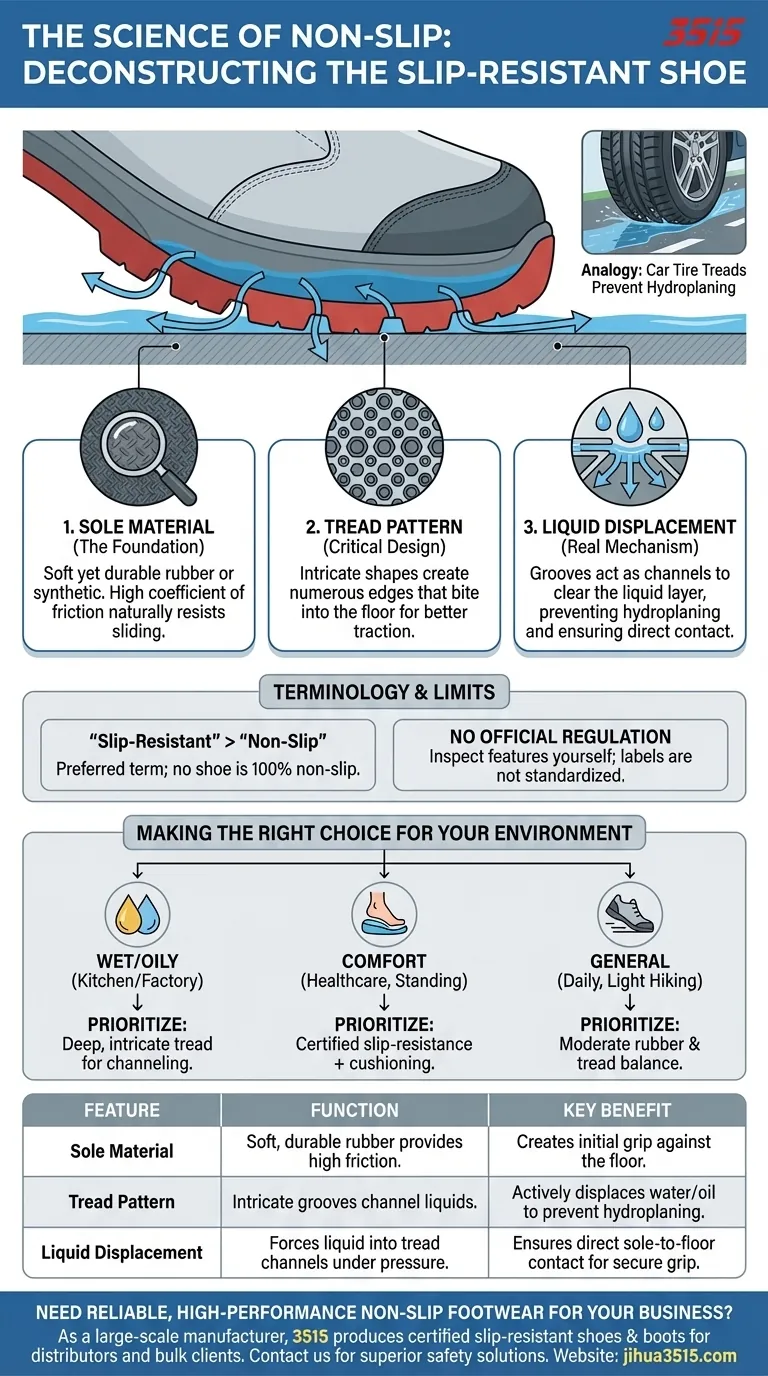 Welche Kombination von Merkmalen verhindert, dass rutschfeste Schuhe rutschen? Die Wissenschaft des Sohlenmaterials, des Profils und der Flüssigkeitsverdrängung Visuelle Anleitung