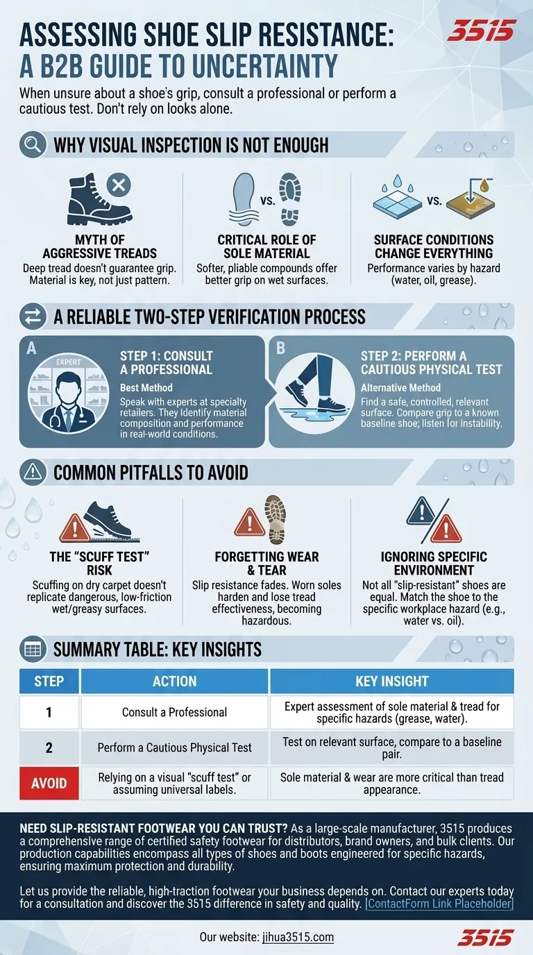 What should you do if you're unsure about a shoe's slip resistance? Ensure Your Safety with Expert Verification Visual Guide