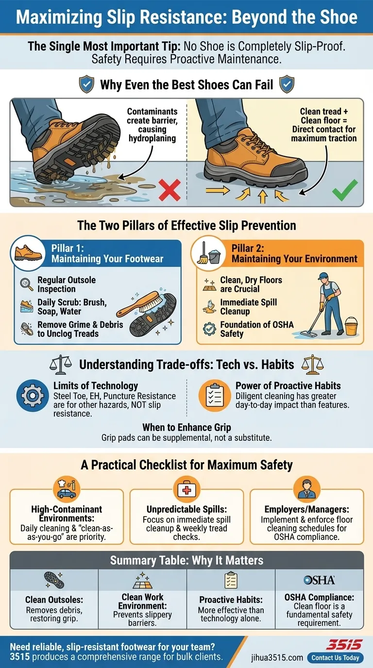 What is a final tip for maintaining slip resistance in work shoes? The Ultimate Strategy for Lasting Safety Visual Guide