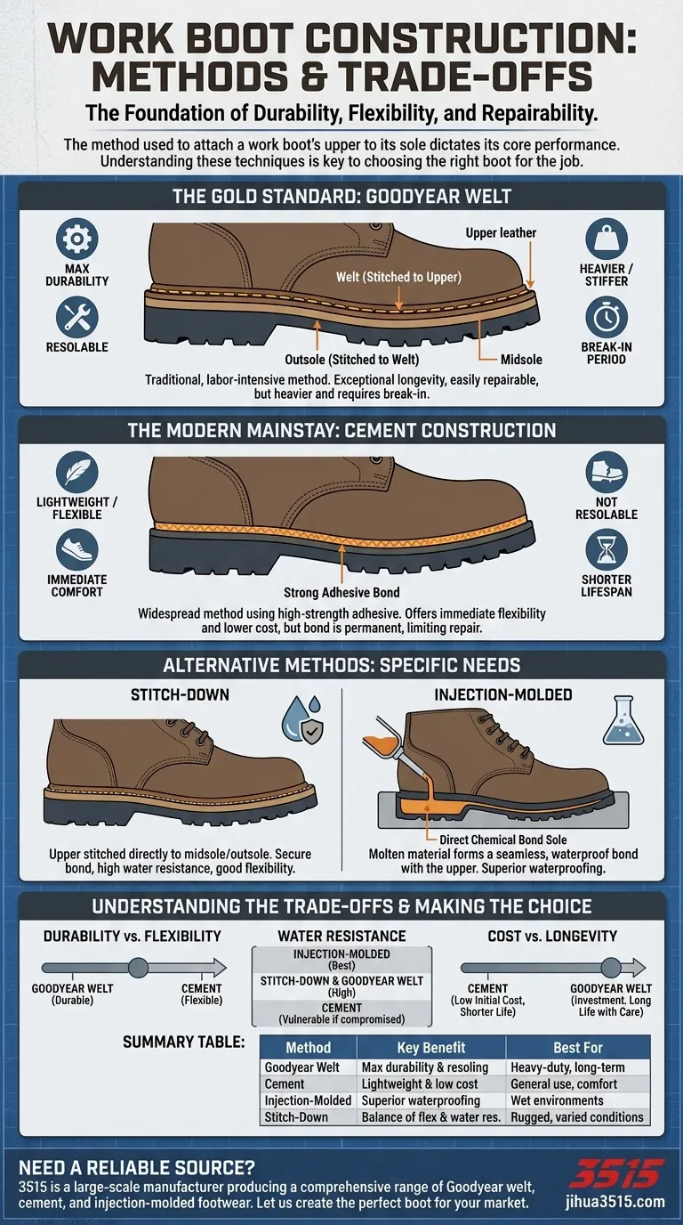 Quelles sont les méthodes de construction courantes pour les bottes de travail ? Choisissez la bonne construction pour votre travail Guide Visuel