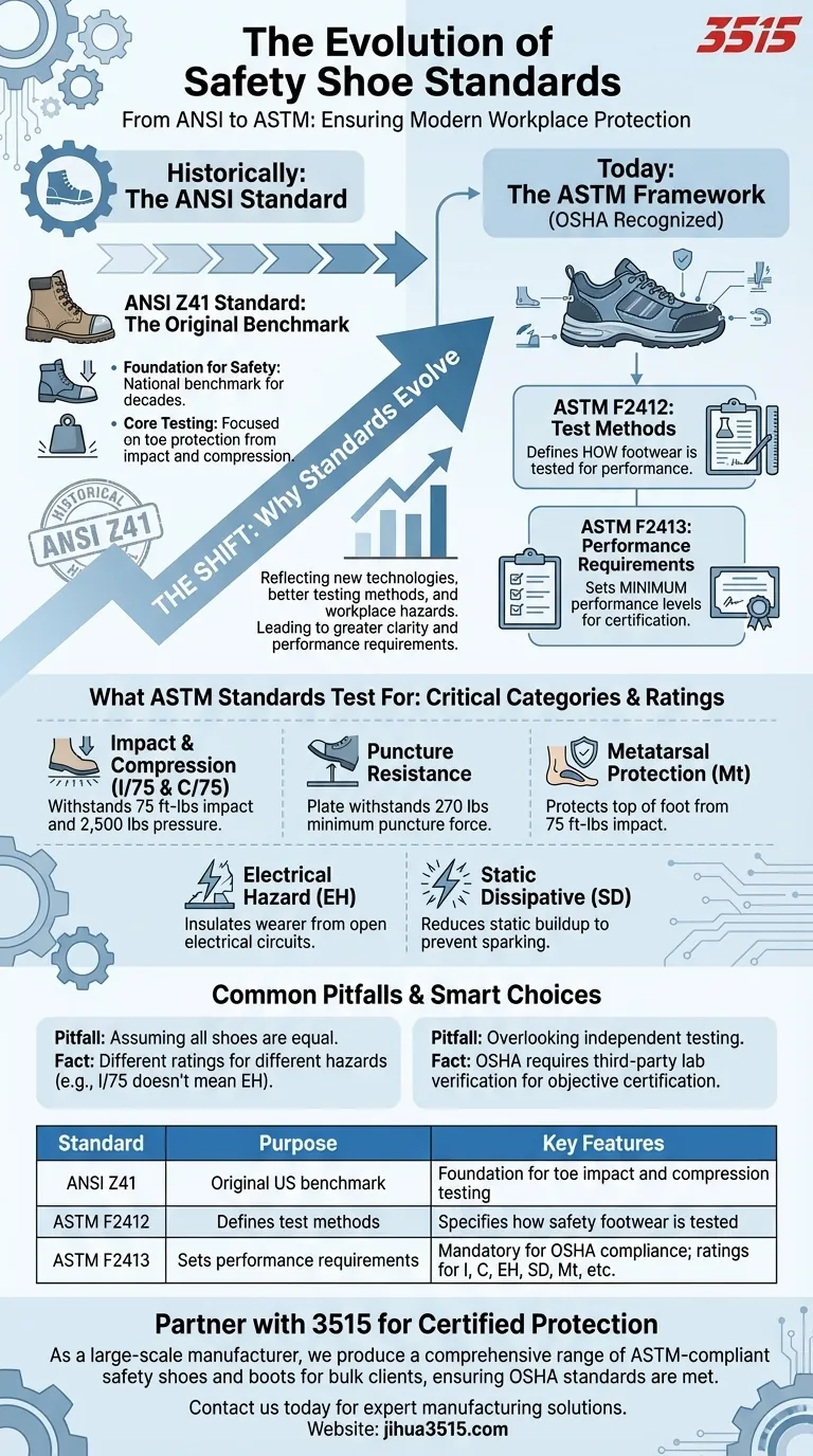 Какие стандарты первоначально использовались для тестирования защитной обуви? Эволюция от ANSI к ASTM Визуальное руководство