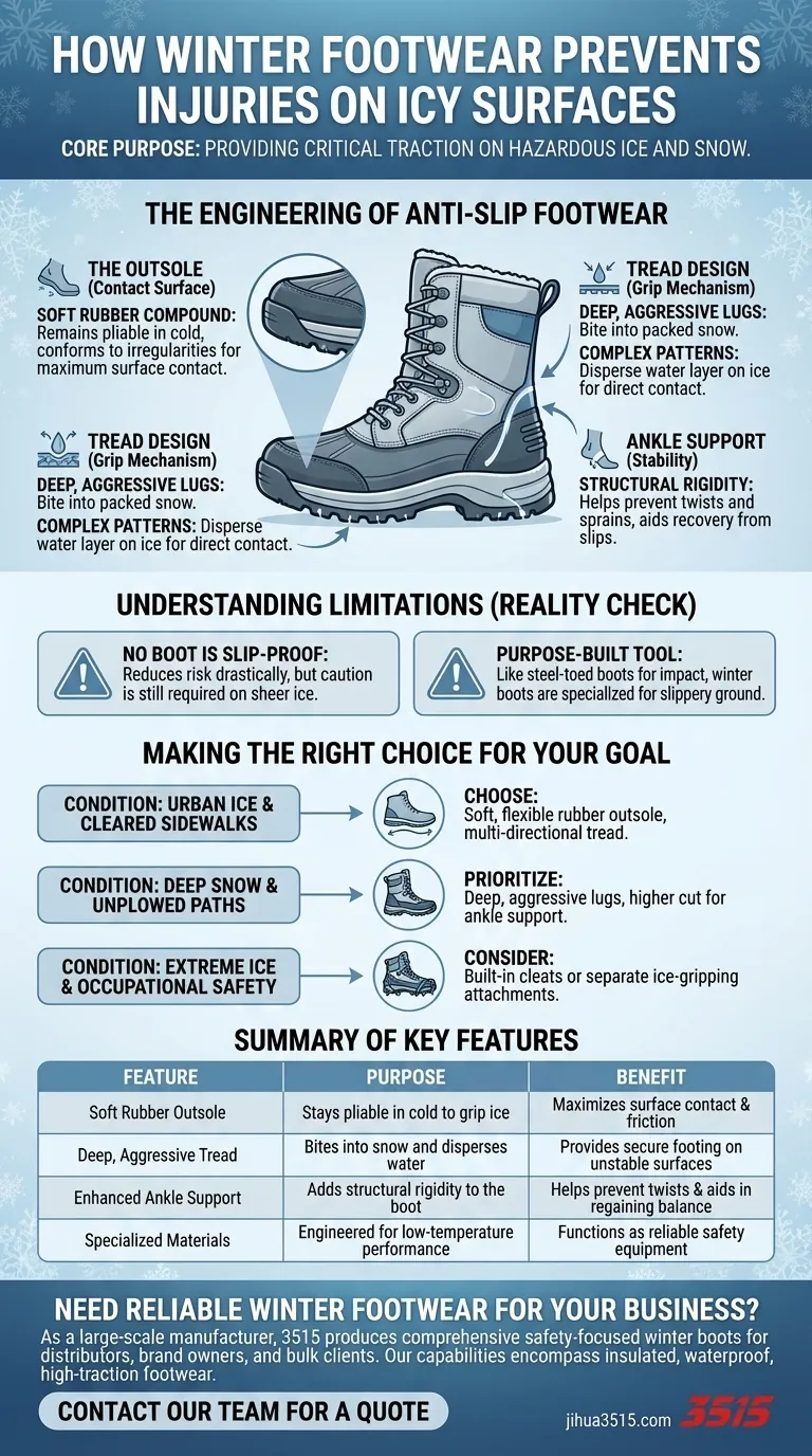 ¿Cómo puede el calzado de invierno ayudar a prevenir lesiones en superficies heladas? Explicación de las características clave de seguridad Guía Visual