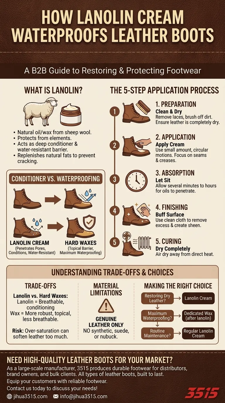 革のブーツを防水するためにラノリンクリームはどのように使用されますか？ステップバイステップガイド ビジュアルガイド