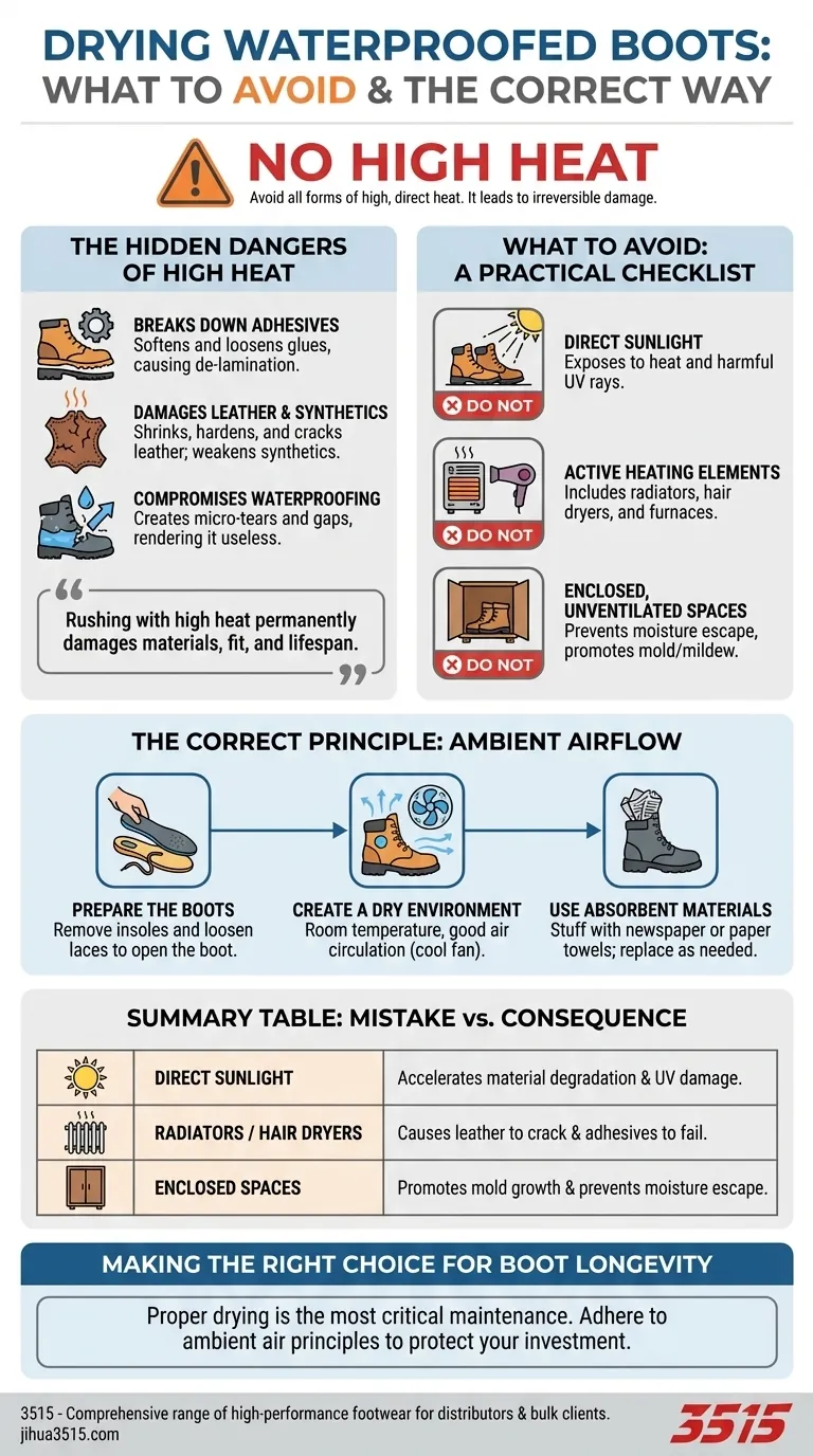 ما الذي يجب تجنبه عند تجفيف الأحذية المقاومة للماء؟ احمِ استثمارك من أضرار الحرارة دليل مرئي