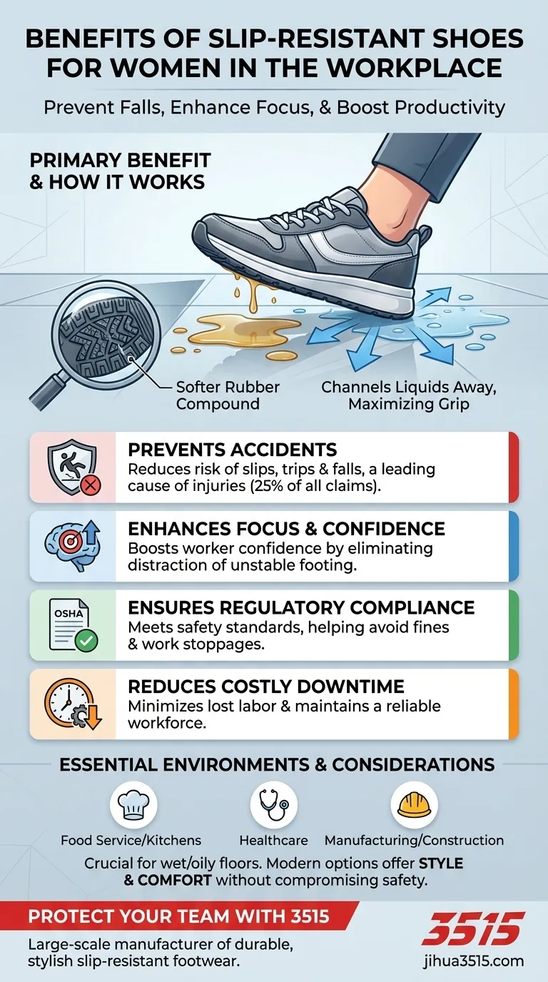 Quali sono i vantaggi delle scarpe antiscivolo per le donne sul posto di lavoro? Prevenire cadute costose e aumentare la produttività Guida Visiva