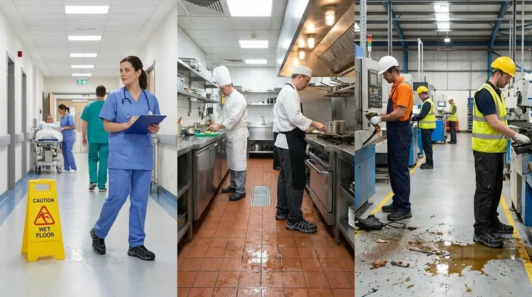 Какие профессии особенно выигрывают от использования нескользящей обуви? Защитите своих сотрудников от поскальзываний и падений.