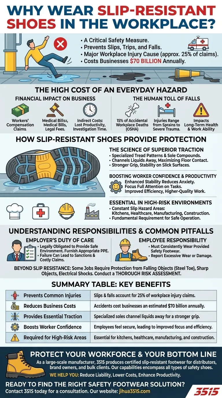 Why is wearing slip-resistant shoes important in the workplace? Prevent Costly Falls & Injuries Visual Guide
