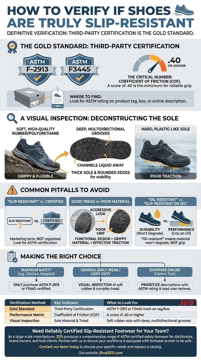 ¿Cómo se puede verificar si los zapatos son realmente antideslizantes? Busque la marca de certificación ASTM Guía Visual