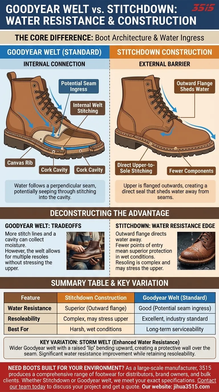 В чем разница между конструкцией Goodyear welt и Stitchdown с точки зрения водостойкости? Stitchdown обеспечивает превосходную защиту Визуальное руководство