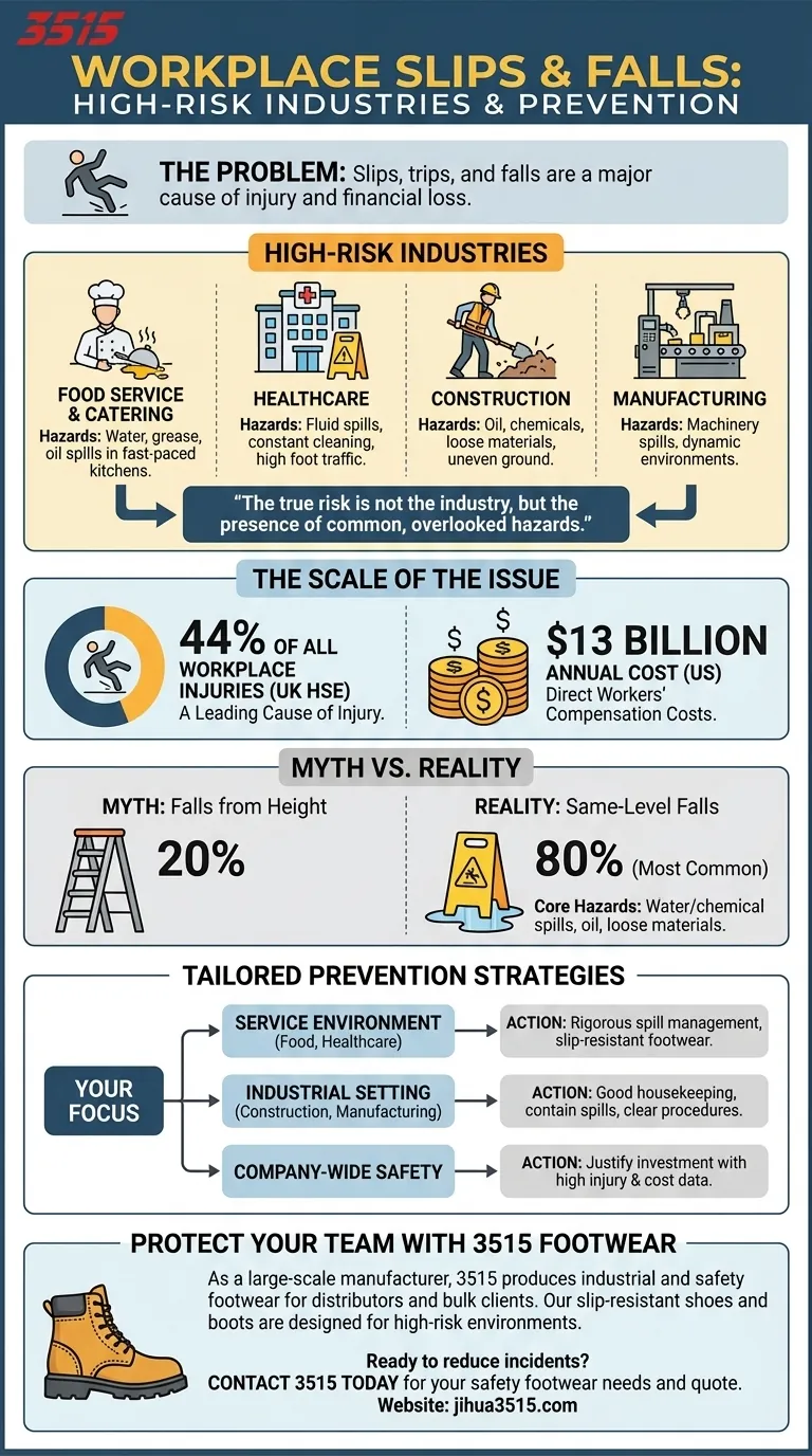 Quais setores são os mais expostos a escorregões e quedas no trabalho? Proteja sua força de trabalho e seus lucros Guia Visual