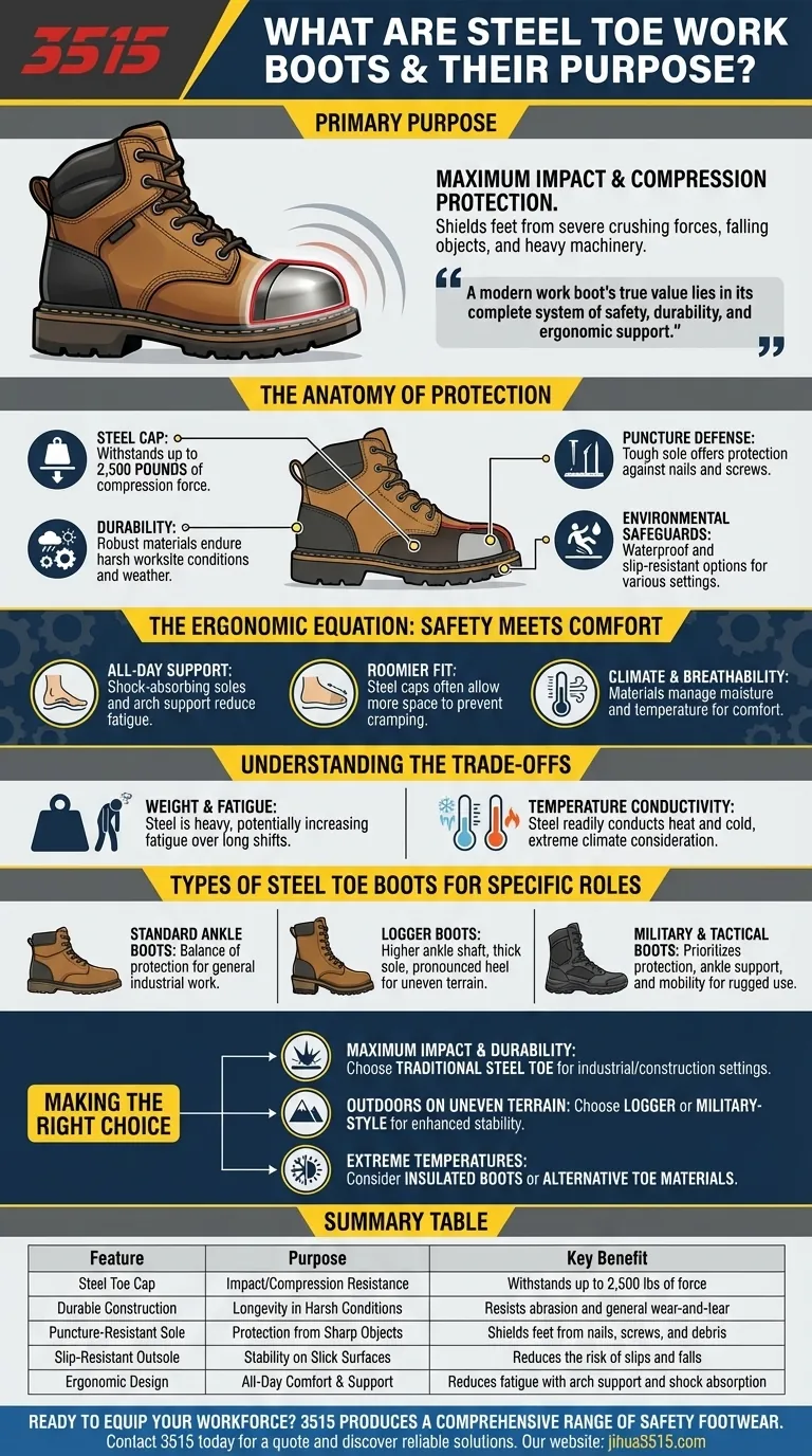 What are steel toe work boots and what is their primary purpose? Essential Foot Protection for Hazardous Work Visual Guide
