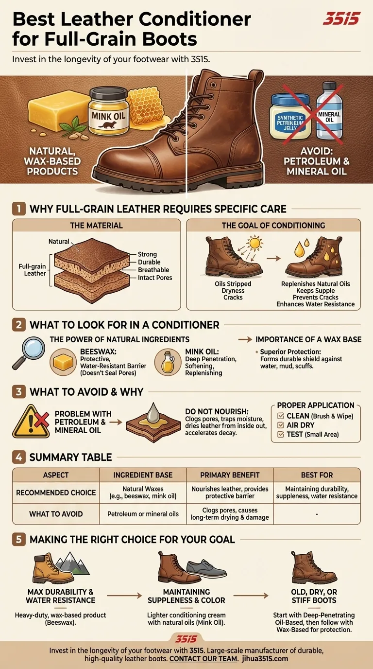 Quel type de conditionneur pour cuir convient le mieux aux bottes en cuir pleine fleur ? Choisissez une cire naturelle pour la longévité Guide Visuel