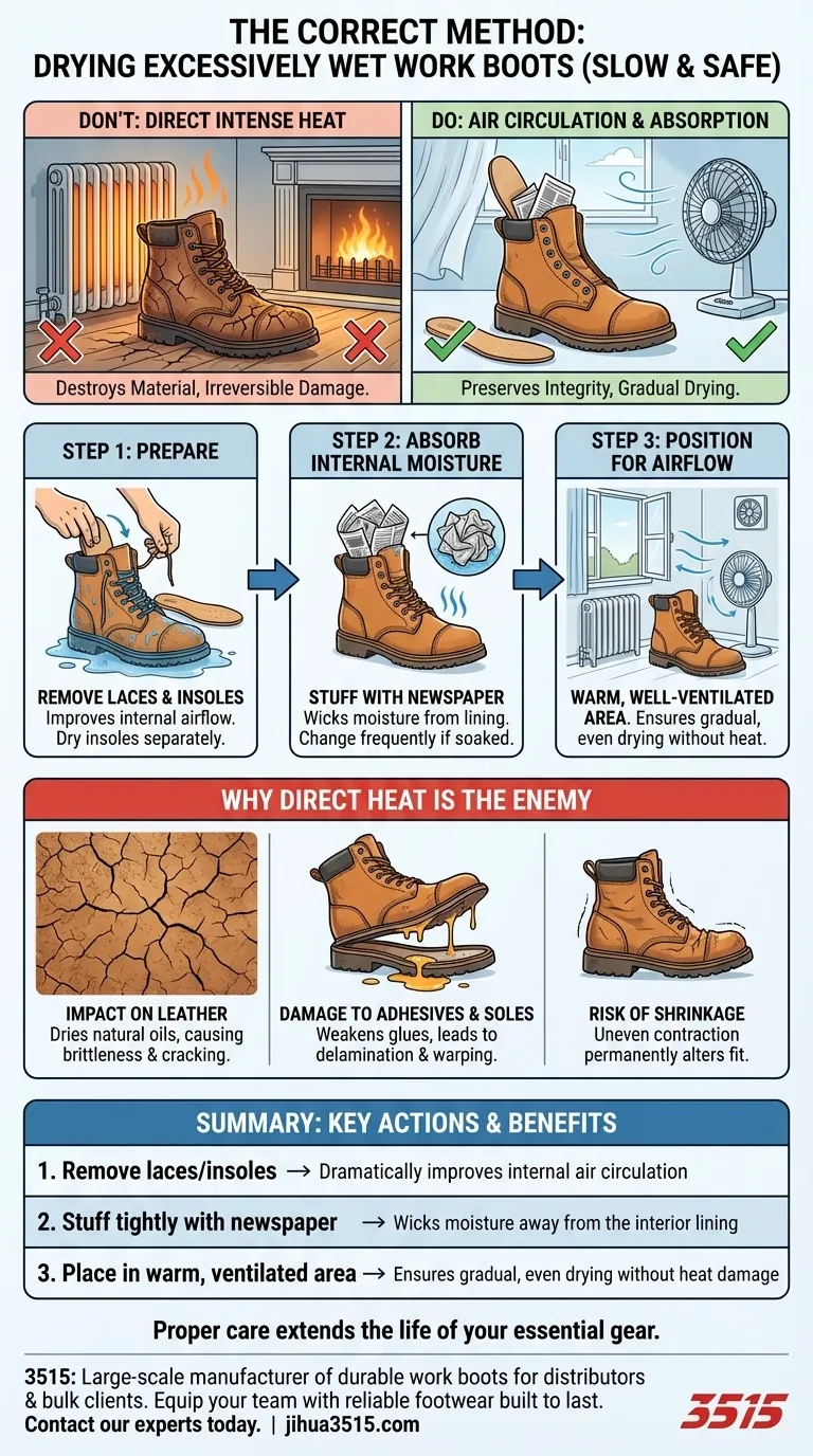 매우 젖은 작업화 건조에 올바른 방법은 무엇인가요? 장비 수명 연장 시각적 가이드