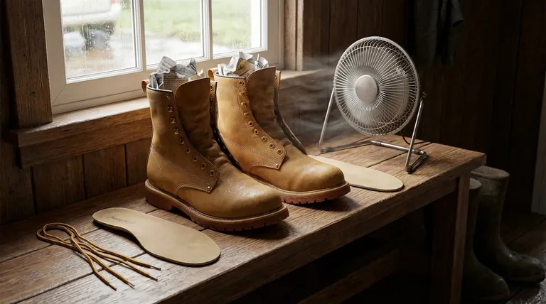 매우 젖은 작업화 건조에 올바른 방법은 무엇인가요? 장비 수명 연장