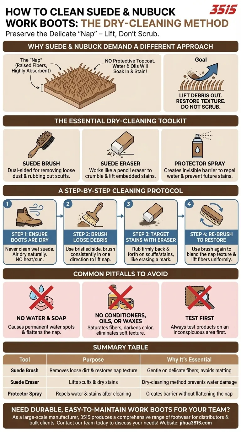 كيف يجب تنظيف أحذية العمل المصنوعة من جلد السويد والنوبوك؟ دليل التنظيف الجاف للحفاظ على الوبر دليل مرئي