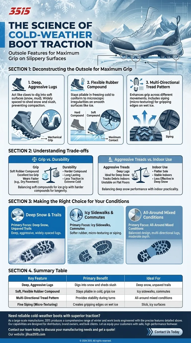 Quelles caractéristiques de traction aident les bottes d'hiver à performer sur les surfaces glissantes ? Maîtrisez l'adhérence hivernale avec la bonne semelle extérieure Guide Visuel