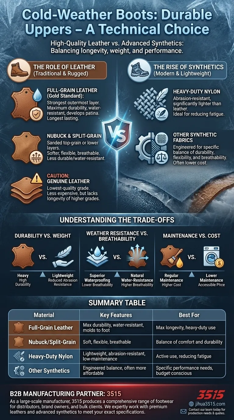 ما هي المواد المتينة المستخدمة عادة في أحذية الطقس البارد؟ شرح الجلود مقابل المواد الاصطناعية دليل مرئي