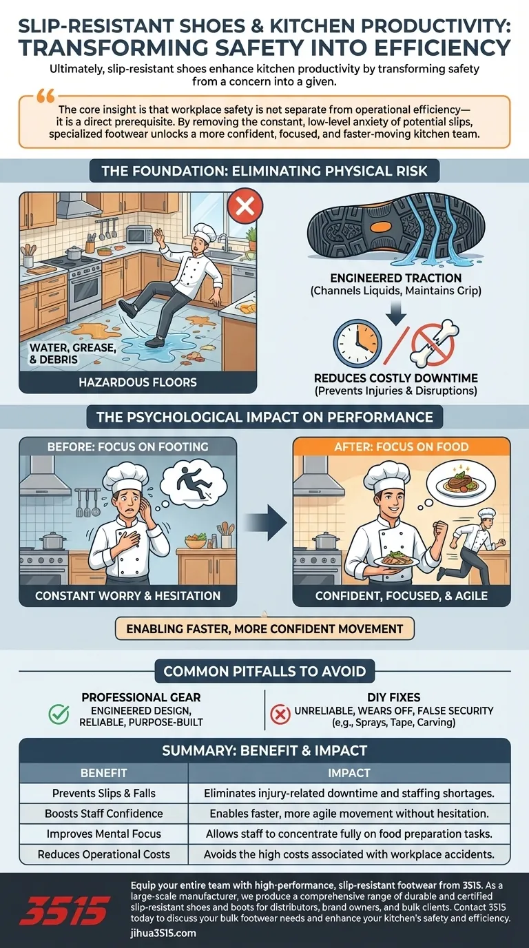 滑りにくい靴は、キッチンの生産性をどのように向上させますか？チームの安全と効率を高める ビジュアルガイド