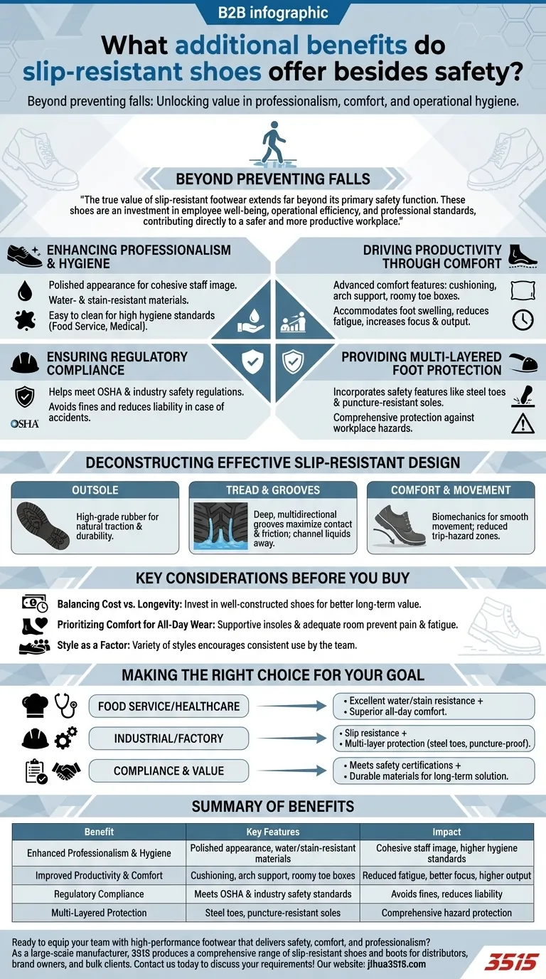 ما هي الفوائد الإضافية التي توفرها الأحذية المقاومة للانزلاق بخلاف السلامة؟ تعزيز الإنتاجية والاحترافية دليل مرئي