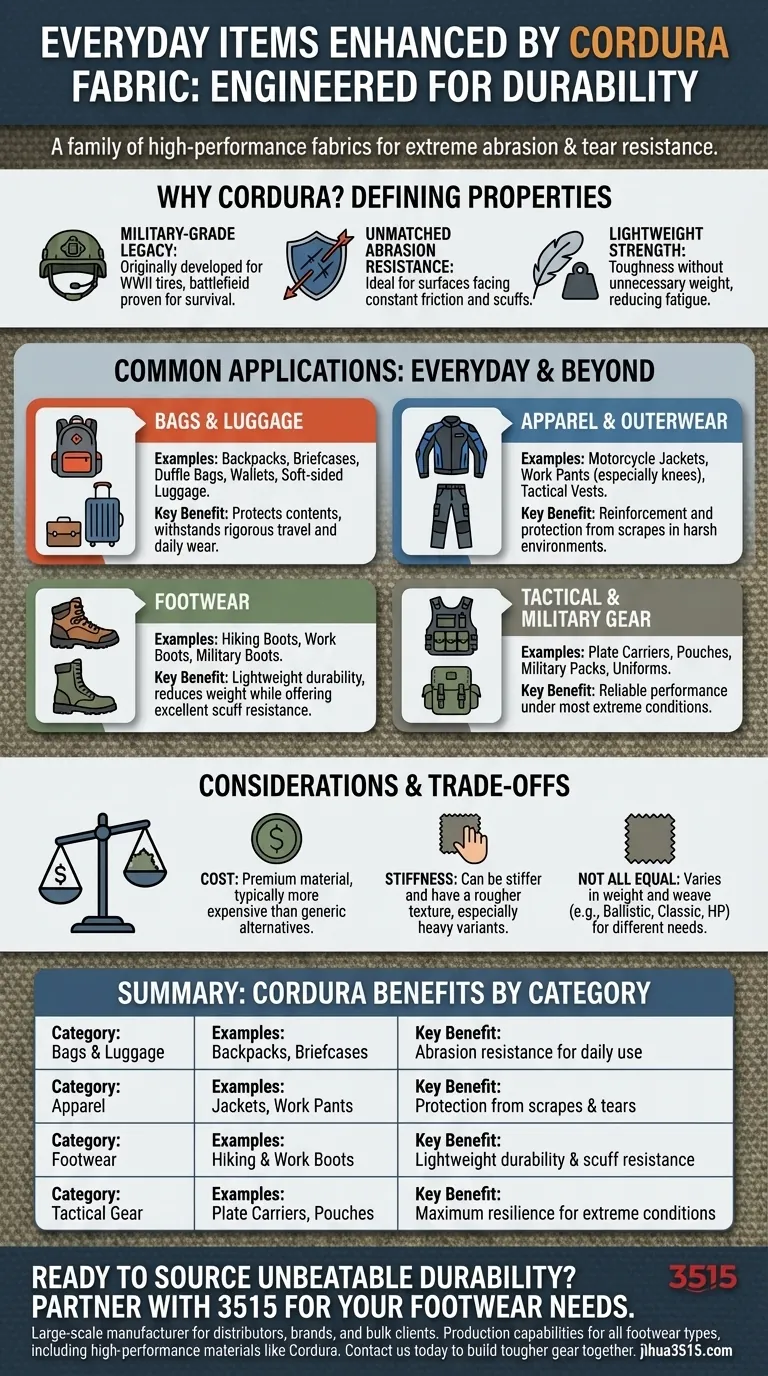 일상생활에서 코드라(Cordura) 원단을 사용하는 제품은 무엇이 있나요? 오래도록 사용할 수 있도록 제작된 튼튼한 장비를 만나보세요. 시각적 가이드