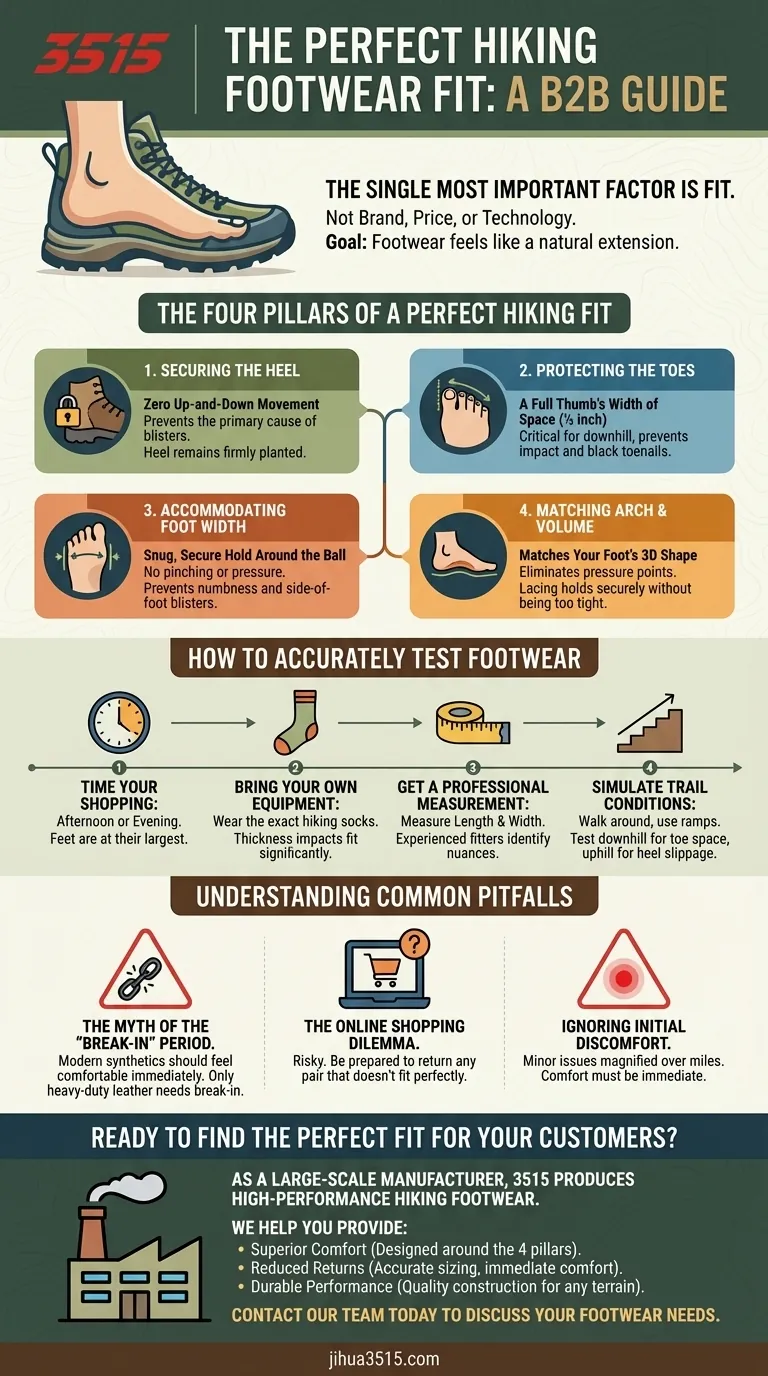 ハイキングシューズを試着する際に、フィット感に関してどのような点に注目すべきでしょうか？ 完璧なフィット感の4つの柱 ビジュアルガイド