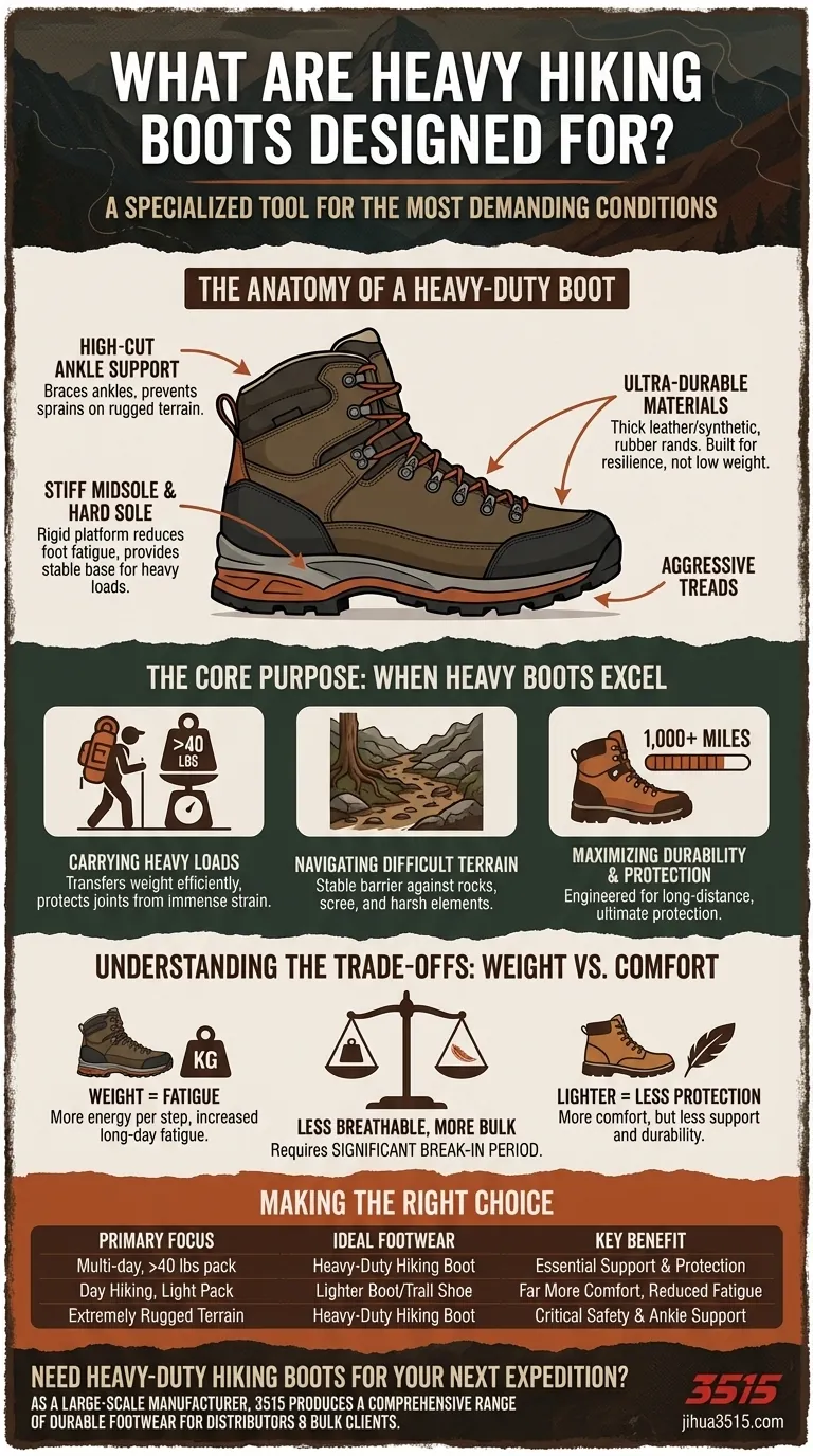 ما هي أحذية المشي لمسافات طويلة الثقيلة المصممة لها؟ معدات أساسية للأحمال الثقيلة والتضاريس الوعرة دليل مرئي