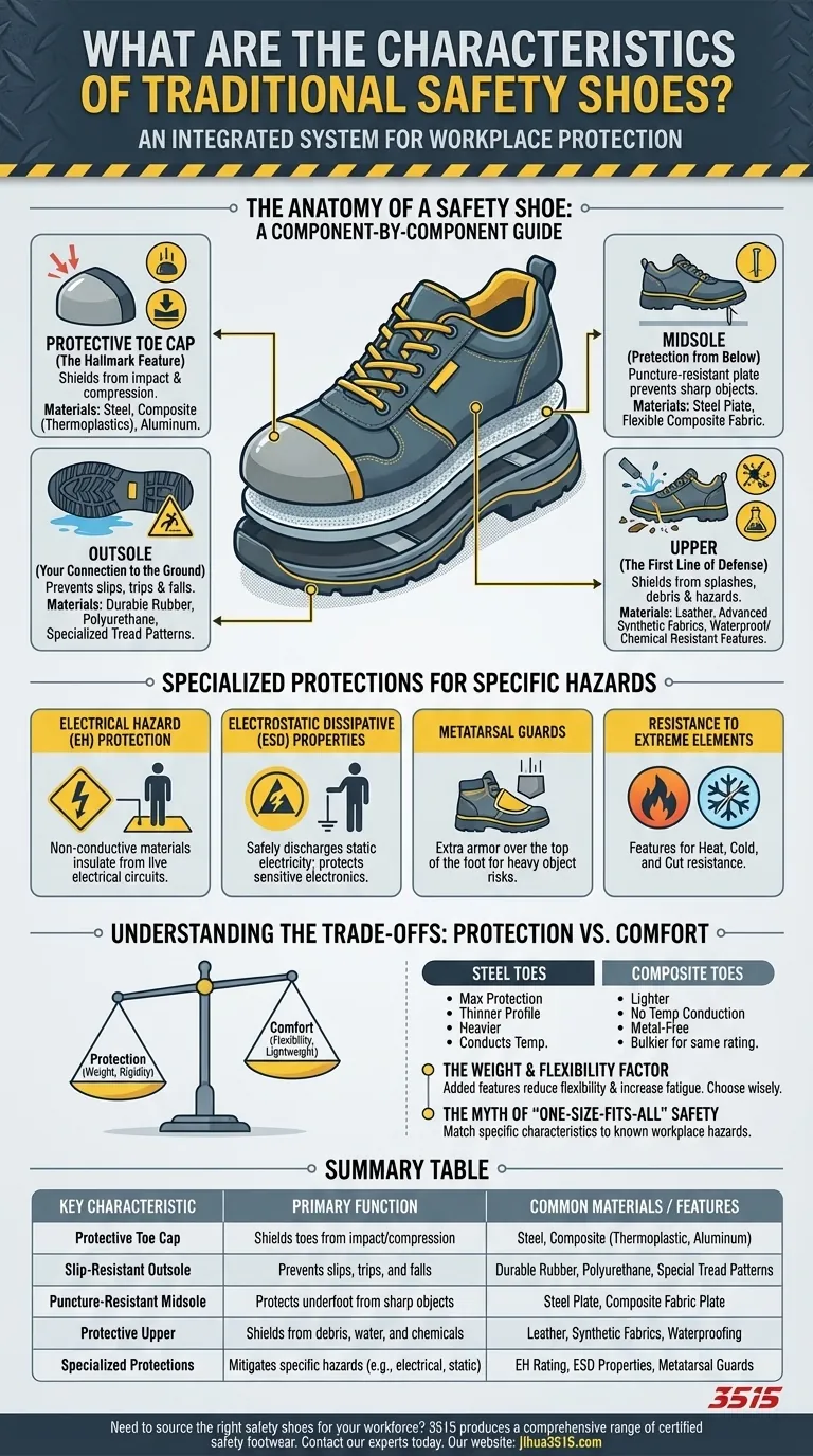 What are the characteristics of traditional safety shoes? Essential Features for Workplace Protection Visual Guide