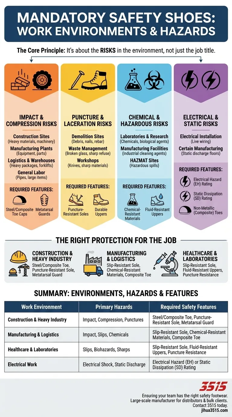 安全靴が必須となる作業環境の例を教えてください。従業員を守りましょう ビジュアルガイド
