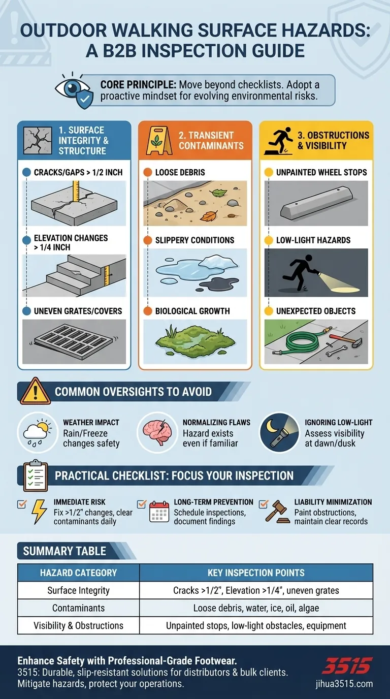 Cosa controllare nelle superfici pedonali esterne per identificare i pericoli di scivolamento e inciampo? Una guida all'ispezione proattiva Guida Visiva