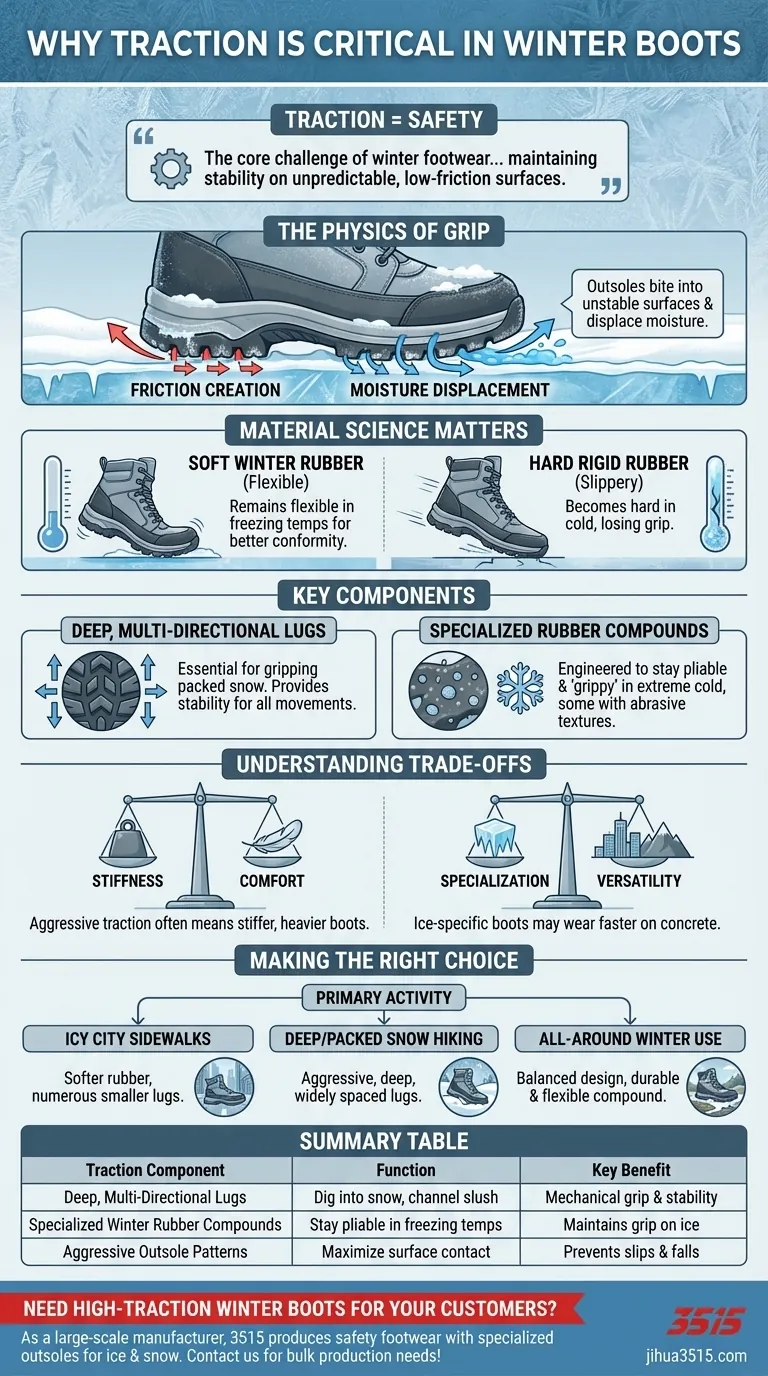Pourquoi la traction est-elle particulièrement importante pour les bottes d'hiver ? La clé de la sécurité sur la glace et la neige Guide Visuel