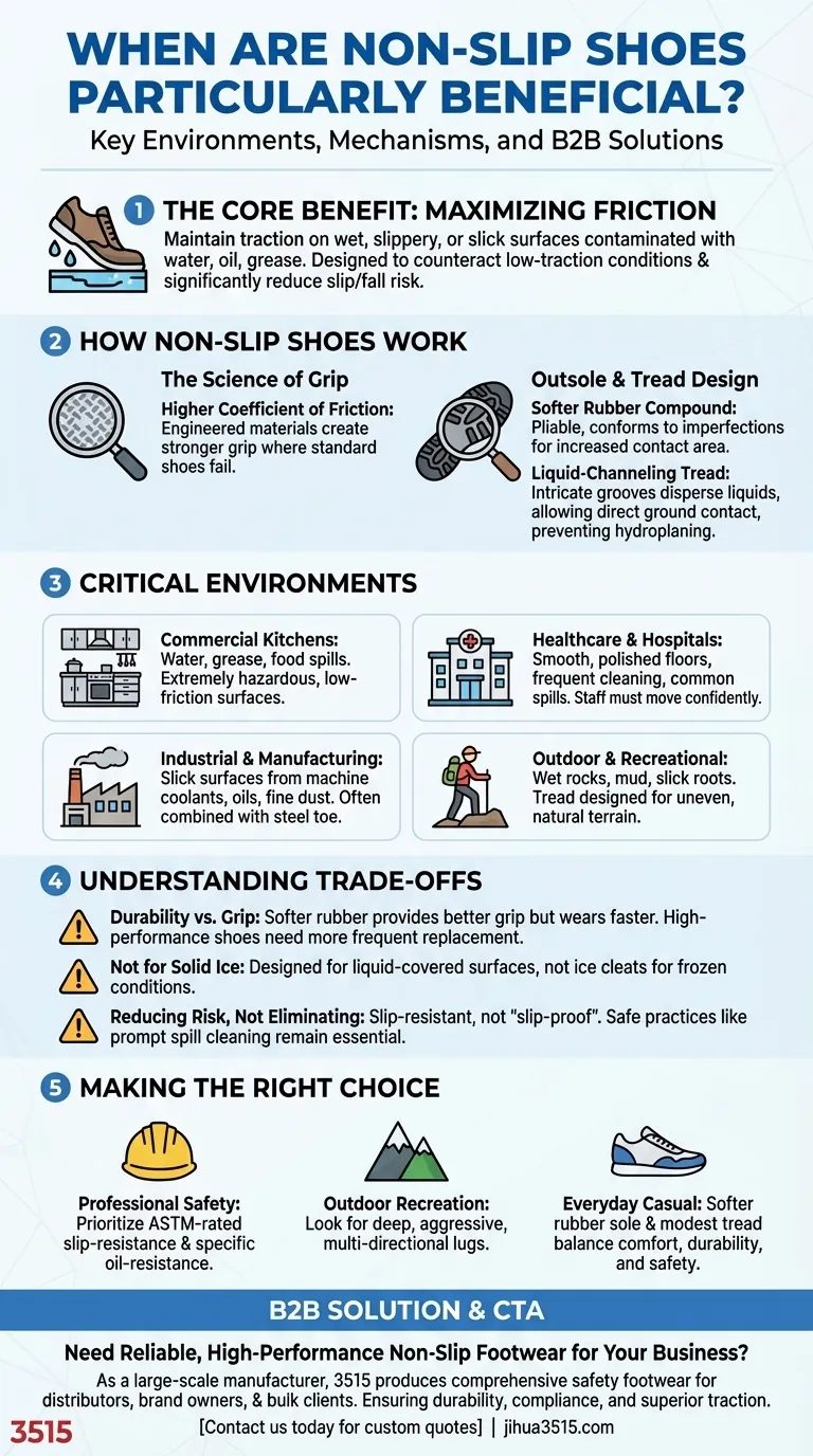 In quali condizioni le scarpe antiscivolo sono particolarmente vantaggiose? Essenziali per ambienti umidi e scivolosi Guida Visiva