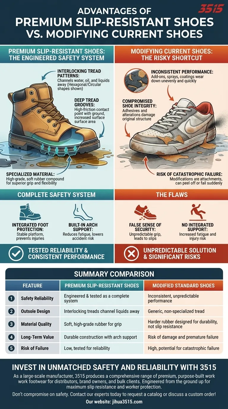 What are the advantages of premium slip-resistant shoes over modifying current shoes? Get a Complete Safety System Visual Guide
