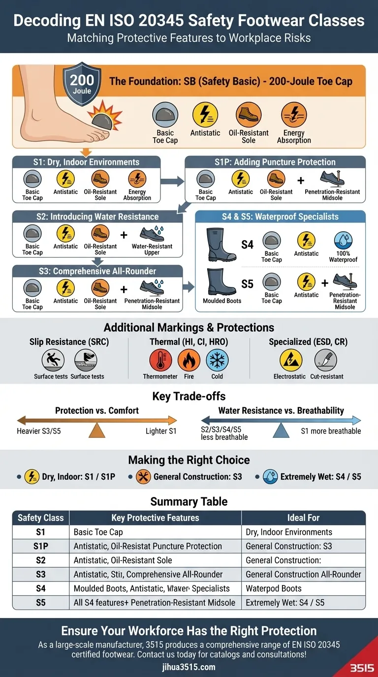 EN ISO 20345規格における安全靴の安全クラスとは？ S1、S2、S3、S4、S5ガイド ビジュアルガイド