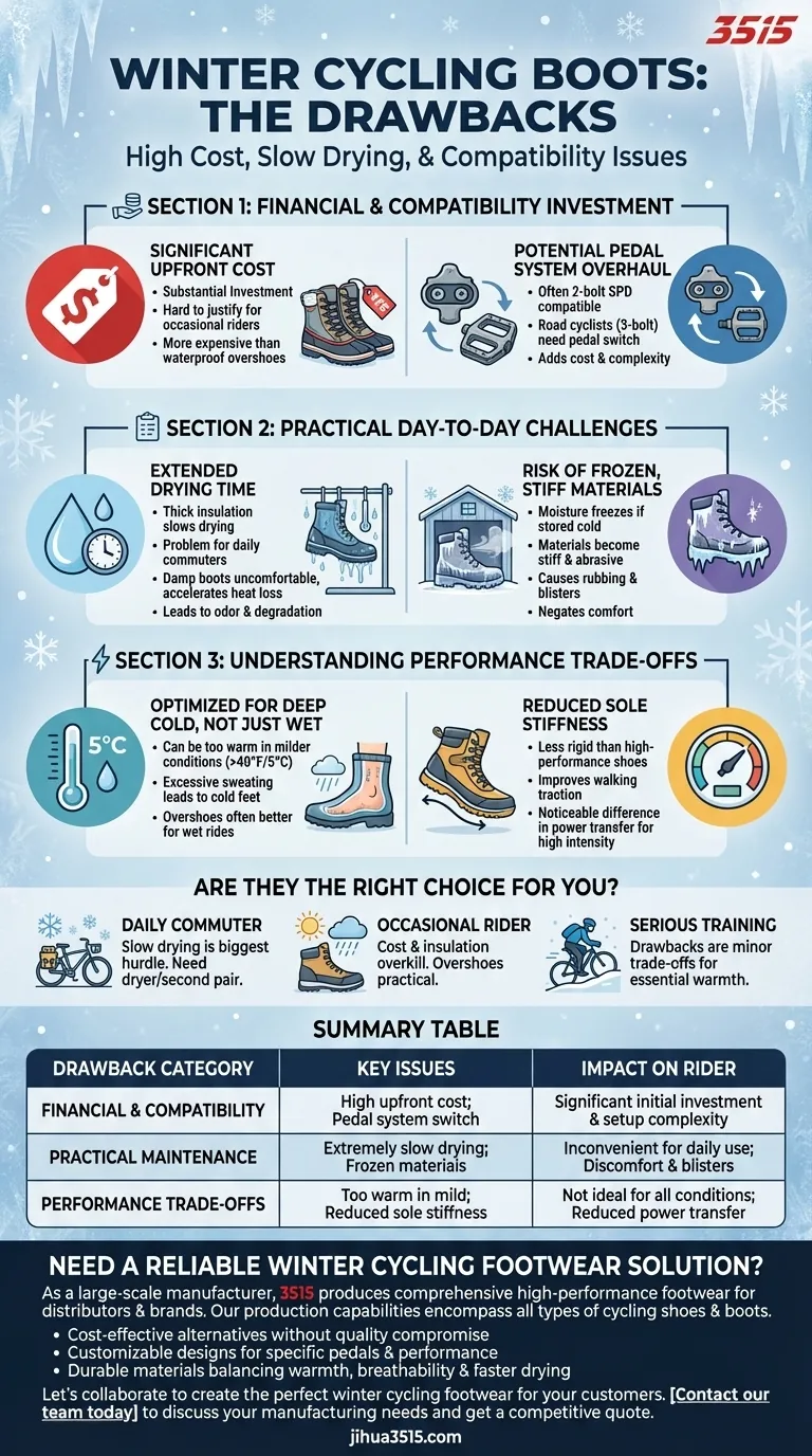 Quali sono gli svantaggi degli scarponi da ciclismo invernali? Costo elevato, asciugatura lenta e problemi di compatibilità Guida Visiva