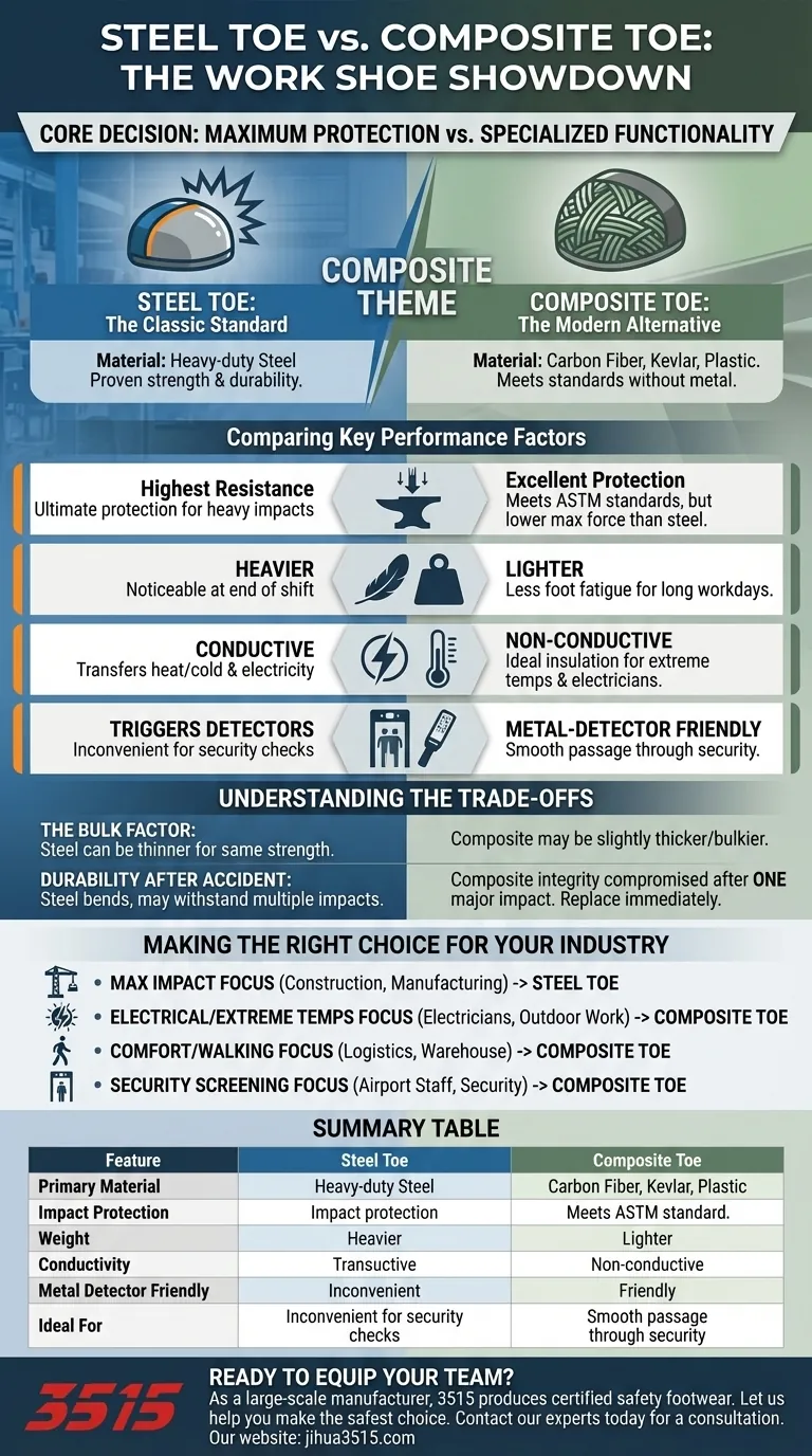 ¿Cómo se comparan los zapatos de trabajo con punta de acero con los zapatos con punta de composite? Elija la punta de seguridad adecuada para su trabajo. Guía Visual