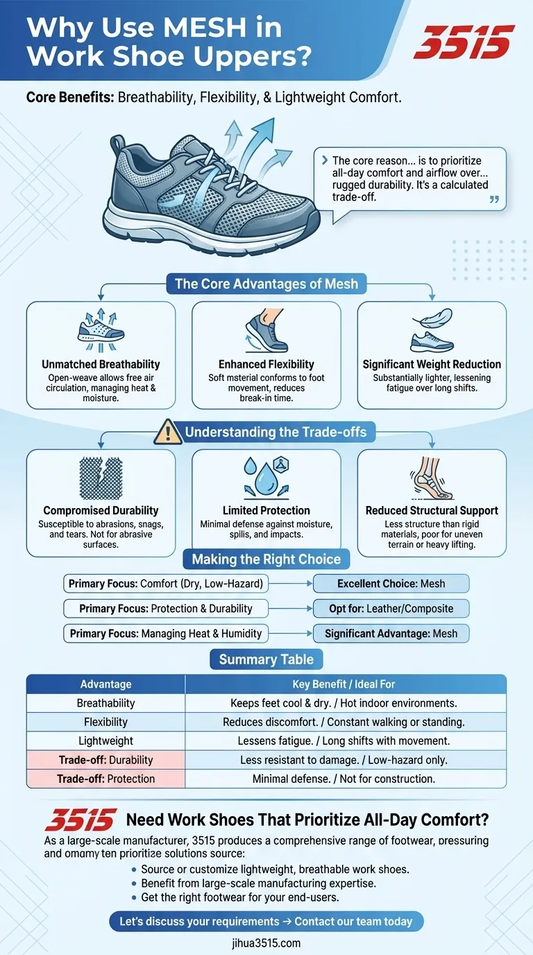 Why might mesh be used in the upper material of work shoes? For Lightweight, Breathable Comfort Visual Guide