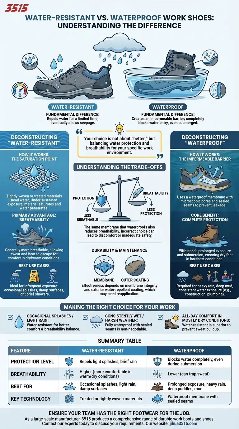Quais são as diferenças entre sapatos de trabalho resistentes à água e à prova d'água? Escolha a Proteção Certa para o Seu Trabalho Guia Visual