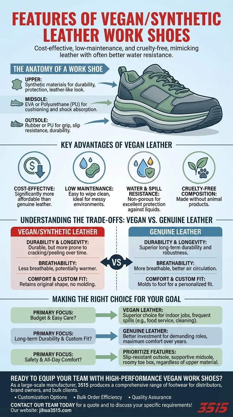 ¿Cuáles son las características de los zapatos de trabajo de cuero vegano/sintético? Una guía sobre calzado ético y rentable Guía Visual