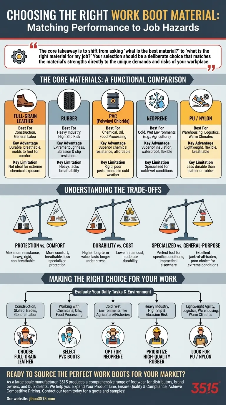 Quel est le meilleur matériau pour les bottes de travail et pourquoi ? Associez le matériau aux dangers de votre travail Guide Visuel