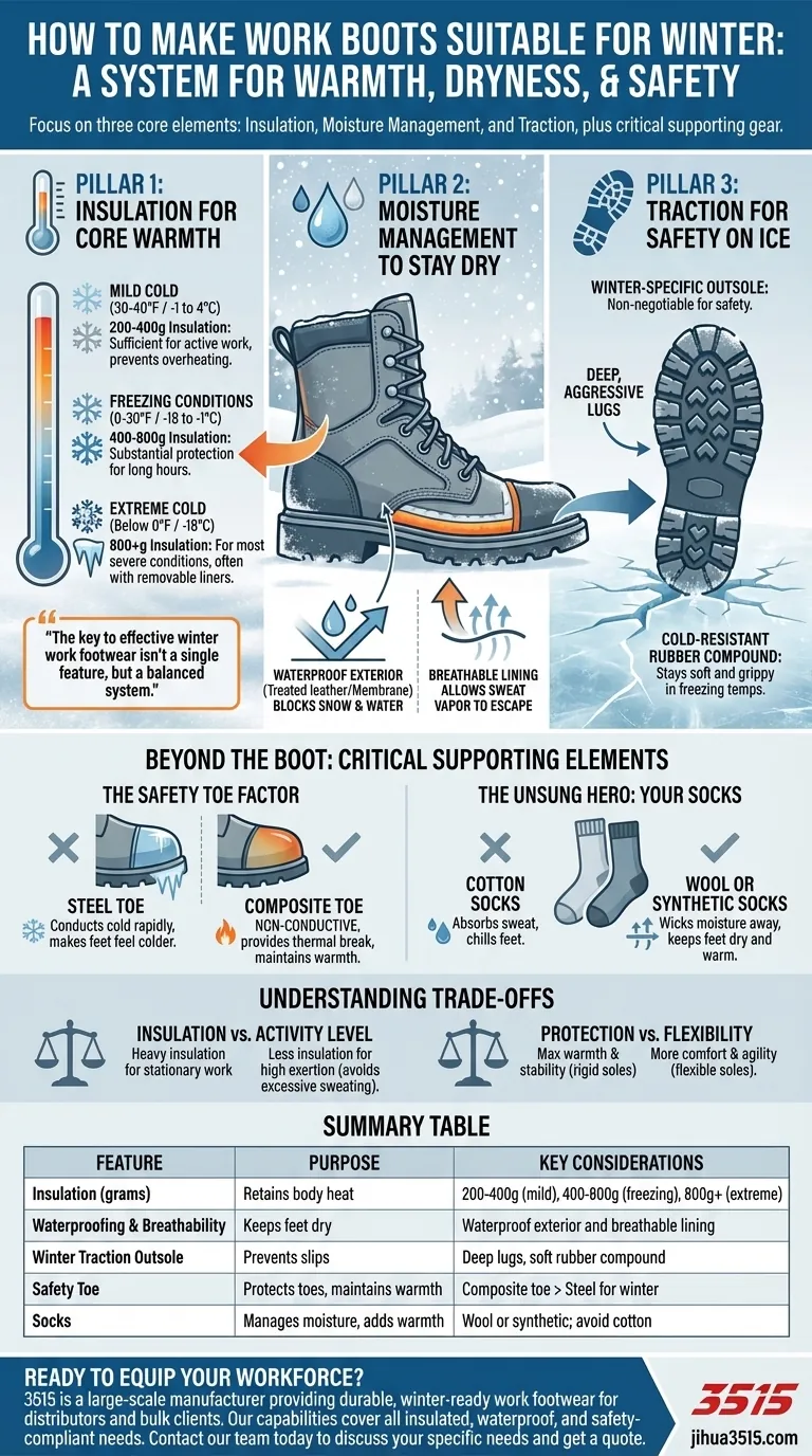 Como as botas de trabalho podem ser adequadas para o inverno? Domine o Sistema de 3 Pilares para Calor e Segurança Guia Visual