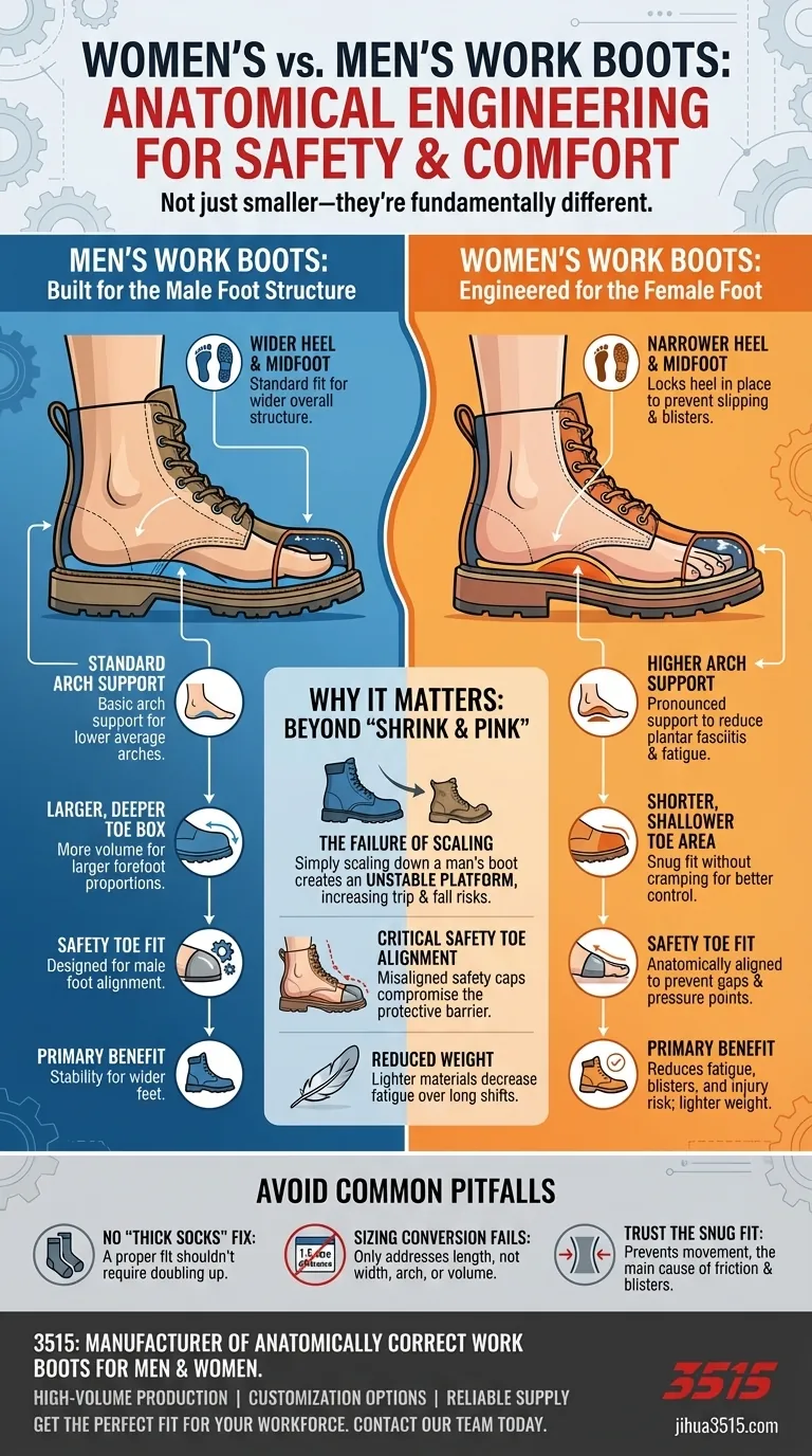 Quelles sont les différences entre les bottes de travail pour femmes et pour hommes ? Facteurs clés de conception anatomique pour la sécurité et le confort. Guide Visuel