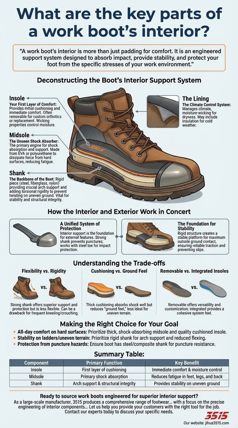 What are the key parts of a work boot's interior? The 3 Core Components for All-Day Comfort & Support Visual Guide