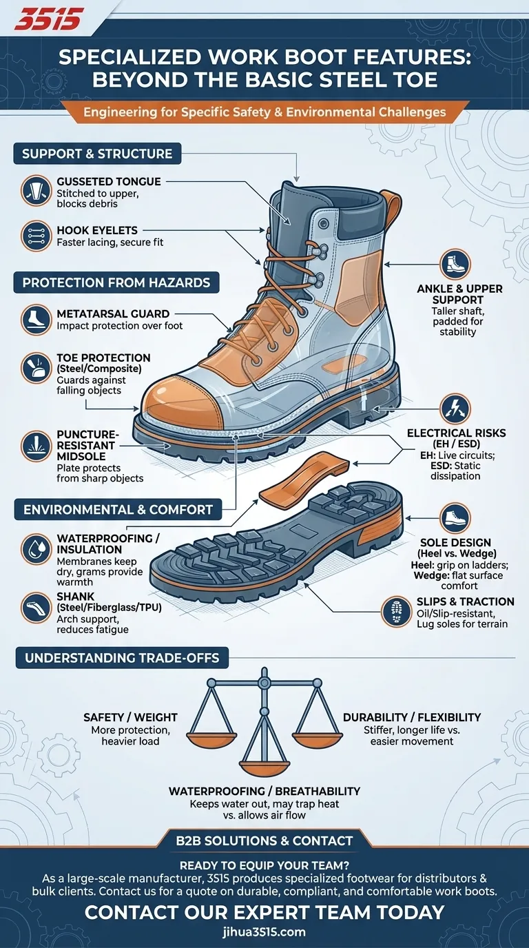 ما هي بعض الميزات المتخصصة الموجودة في أحذية العمل؟ الميزات الرئيسية للسلامة والأداء دليل مرئي
