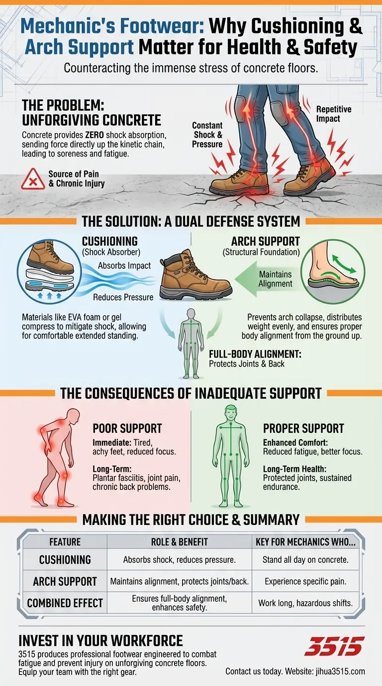 Perché l'ammortizzazione e il supporto dell'arco plantare sono importanti per le calzature da lavoro di un meccanico? Proteggi il tuo corpo dai pavimenti in cemento Guida Visiva
