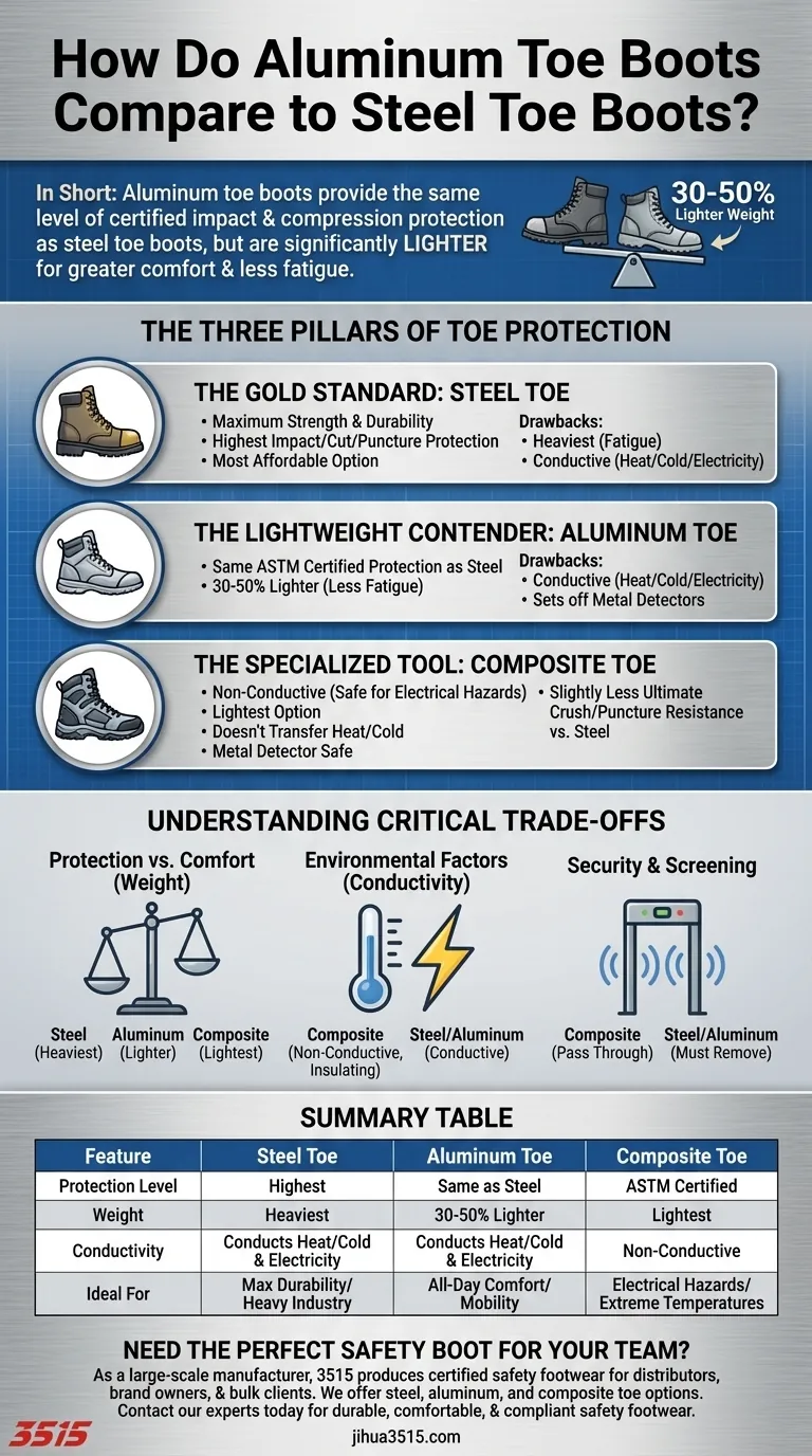 How do aluminum toe boots compare to steel toe boots? Achieve Lighter Weight with Equal Protection Visual Guide